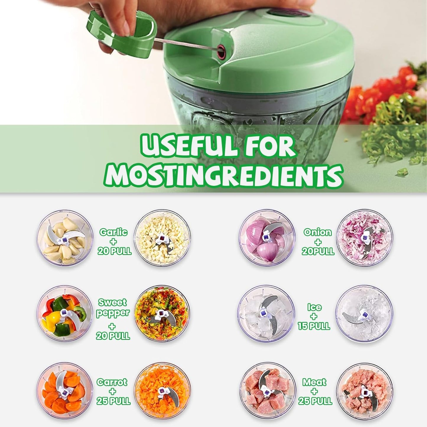 Manual Food Chopper: Hand Pull String Vegetable Chopper for Onion, Garlic, Pepper, Nuts, Tomato, etc.,500ml.
