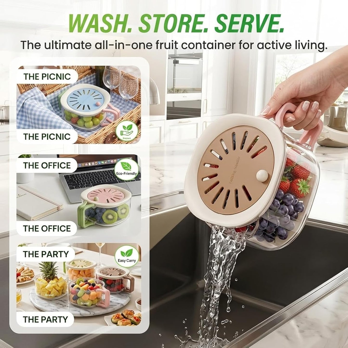 2-in-1 Fruit Washing Bowl with Strainer & Lid, Berry Container for Fridge, Plastic Produce Saver Drain Basket with Handle, Fruit Storage Container & Colander Bowl for Berries, Grapes, Lettuce