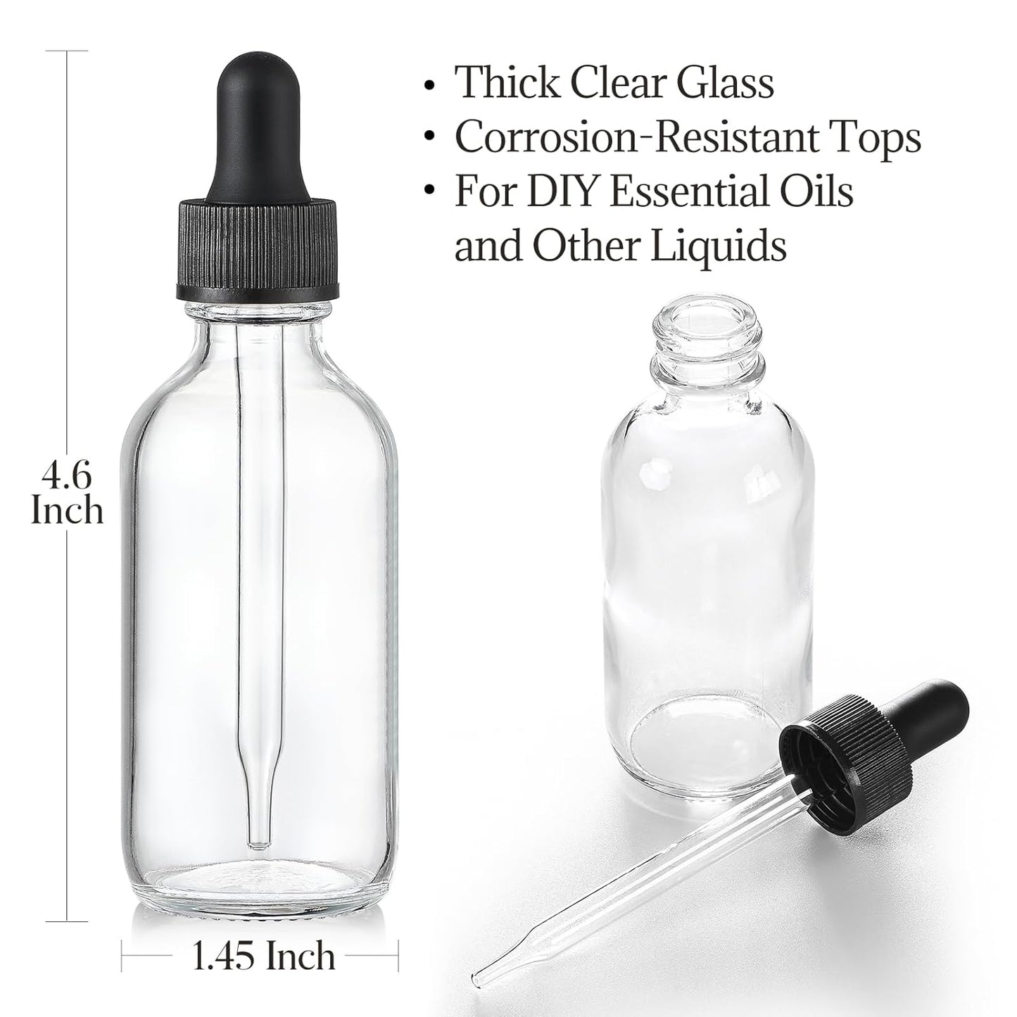 4 Pcs, 2 oz Clear Eye Dropper Bottles with 1 Stainless Steel Funnels & 4 Labels - Black Caps 60ml Thick Glass Tincture Bottles - Leakproof Essential Oils Bottles for Health, Personal Care & Beauty