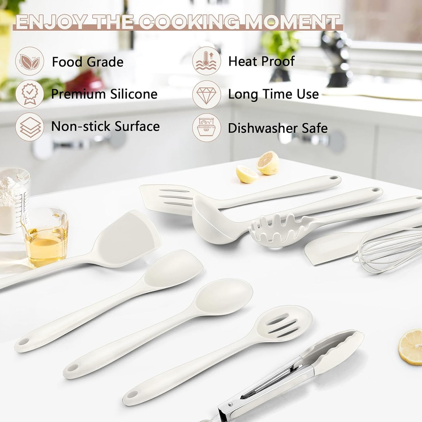 TeamFar Silicone Cooking Utensils, 10 pcs Kitchen Cooking Utensils Set, 446°F Heat Resistant Kitchen Gadgets Tools Set w/Spatula, Turners, Spoons, Soup Ladle, Pasta Server for Nonstick Cookware, Black