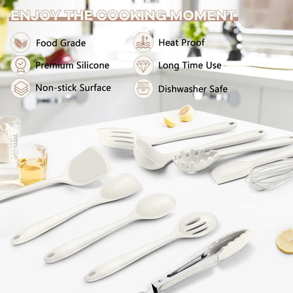 TeamFar Silicone Cooking Utensils, 10 pcs Kitchen Cooking Utensils Set, 446°F Heat Resistant Kitchen Gadgets Tools Set w/Spatula, Turners, Spoons, Soup Ladle, Pasta Server for Nonstick Cookware, Black