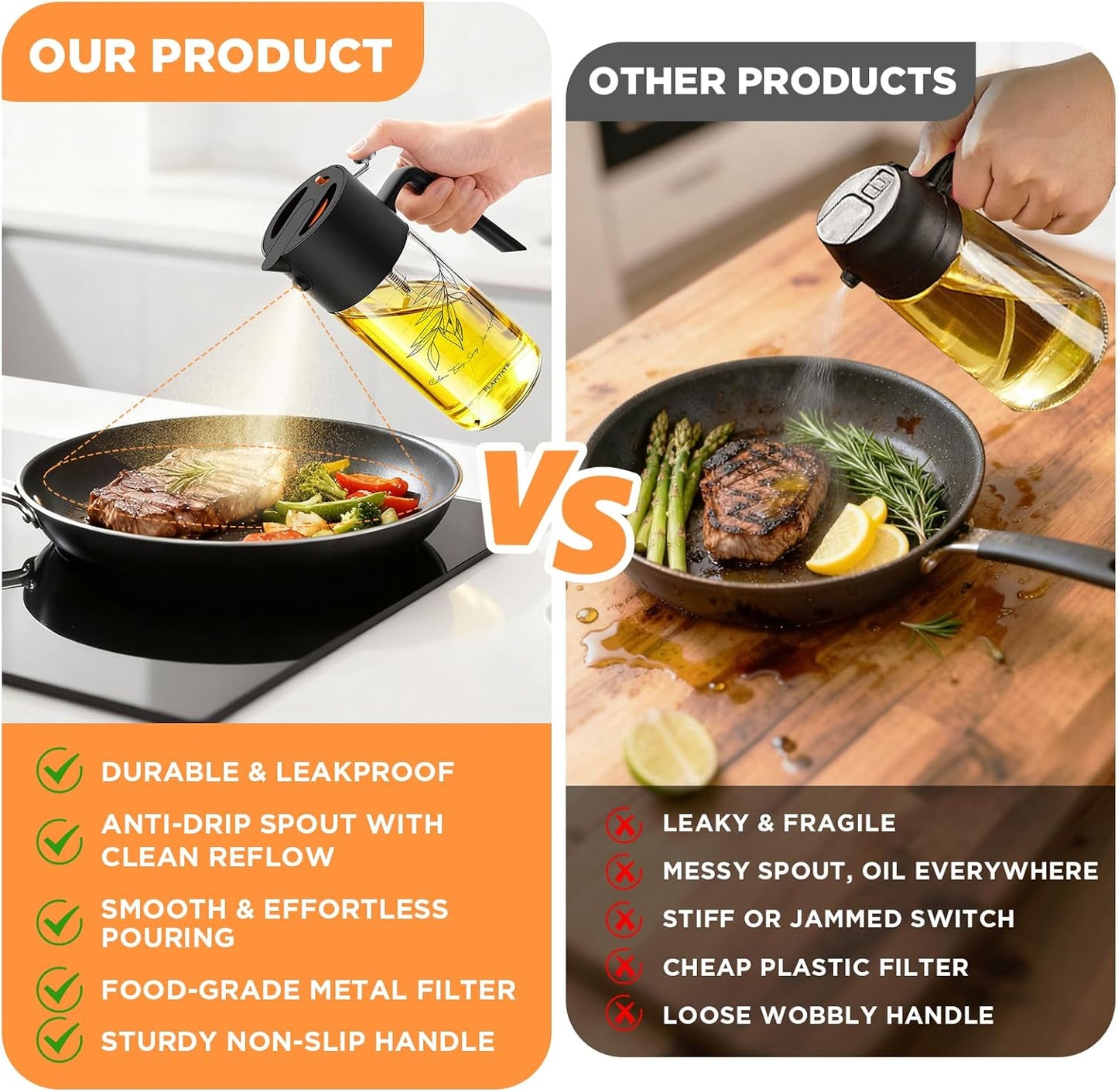 PLAPITATE 17oz/500ml Premium Olive Oil Sprayer for Cooking, 2 in 1 Glass Olive Oil Dispenser Bottle for Kitchen Gadgets, Spray Bottle with Portion Control for Salad, Frying, BBQ (Black)