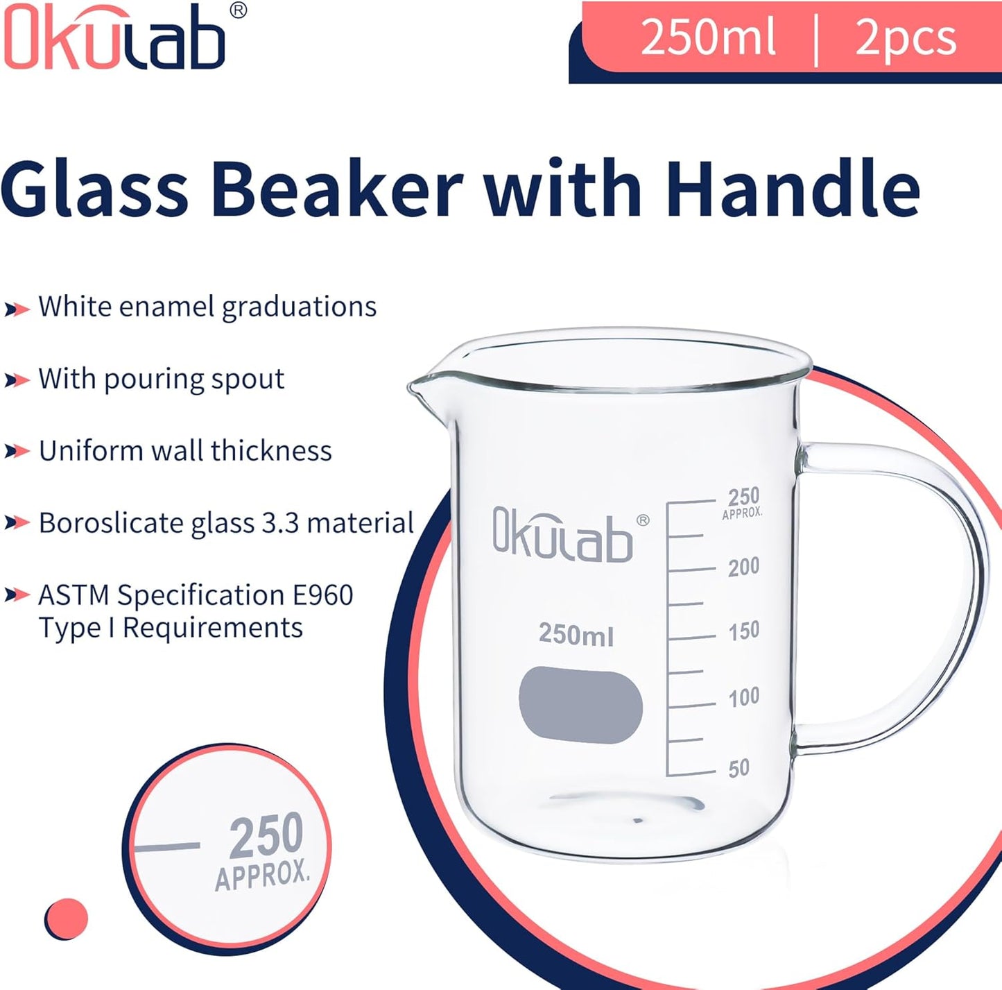 Glass Beakers with Handle, 2 Pcs Vol 600ml 3.3 Borosilicate Glass Beaker Measuring Cups with Spout for Laboratories, Classrooms or Home, Lab Beakers, BKLGH600A2