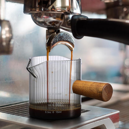 Espresso Cups 6 OZ, V-Shaped Spouts Cups, Espresso Shot Glasses with Wood Handle, Ribbed Milk Measuring Cup