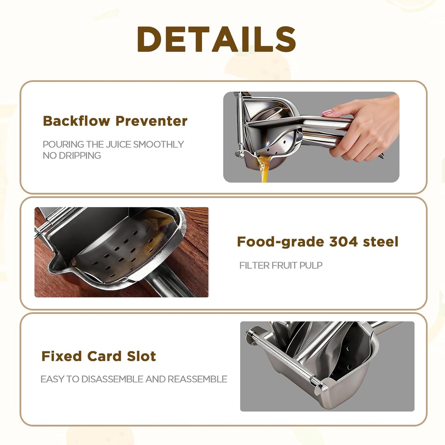 Fruit Juice Squeezer Manual Juicer – 304 Stainless Steel Hand Juicer Juice Press with Metal Filter filter bag, Easy to Use & Clean, Non-Slip Ergonomic Grip, for Lemon, Orange & Citrus