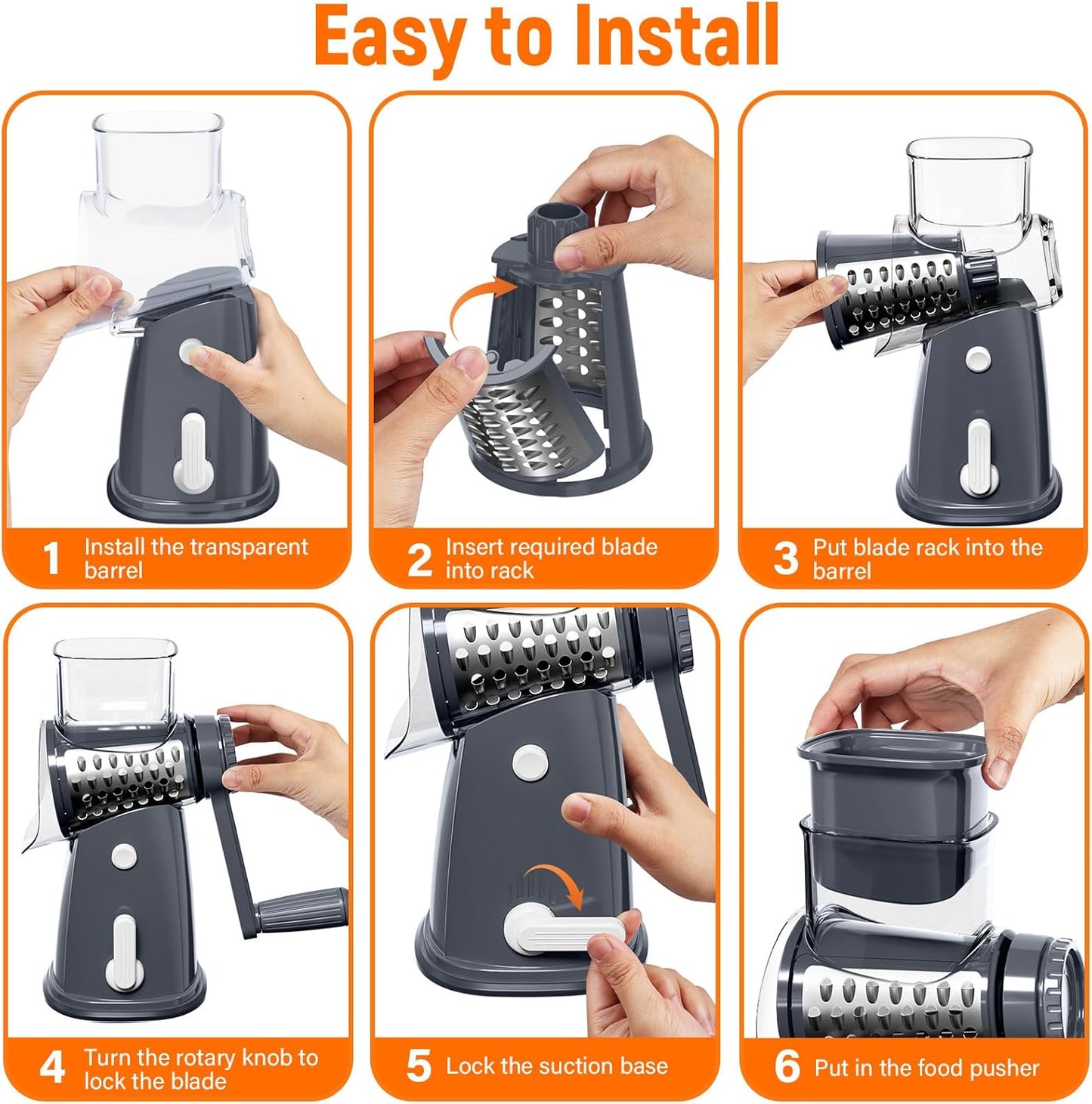 SpaceHacks Rotary Cheese Grater Hand Crank, with 5 Blades for Chopper Shredder Spiralizer Slicer for Vegetable Cheese Fruit, Food Chopper for Kitchen with Blades Storage Box & Suction Base (Black)