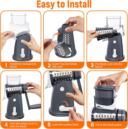 SpaceHacks Rotary Cheese Grater Hand Crank, with 5 Blades for Chopper Shredder Spiralizer Slicer for Vegetable Cheese Fruit, Food Chopper for Kitchen with Blades Storage Box & Suction Base (Black)