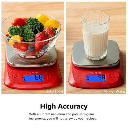 NUTRI FIT Ultra Slim Kitchen Scale Digital Food Weight Scale for Baking Cooking in Grams and Ounces Tare & Backlit LCD Display 11lb 5kg Capacity- Black/Stainless Steel