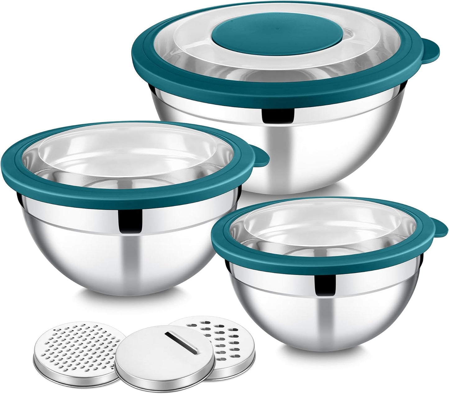 E-far Mixing Bowls Set of 5, Stainless Steel Salad Mixing Bowl with Transparent Lid, Metal Nesting Bowl Attach with 3 Graters for Kitchen Prepping/Serving/Baking/Storage, 4.6/2.6/1.5/1/0.7 QT - Khaki