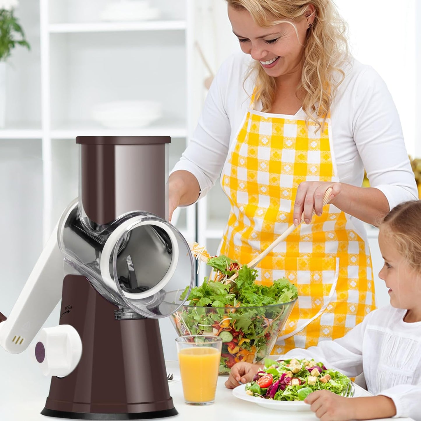 Ourokhome Rotary Cheese Grater Hand Crank, Kitchen Shredder Speed Mandolin Slicer Nut Grinder with Handle and Drum Blades for Cheese, Vegetable, Walnut, Chocolate, Potato, Carrot, 3 Blades, Dark Blue