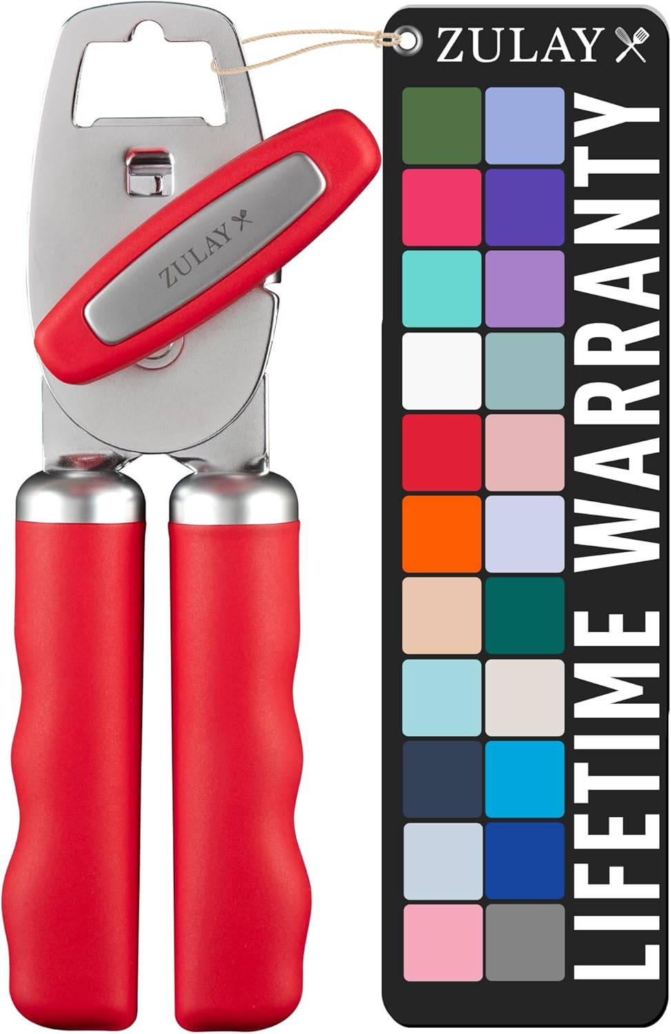 Zulay Kitchen Heavy Duty Stainless Steel Can Opener Manual with Bottle Opener - Rust Proof Manual Can Opener With Turn Knob & Comfy Soft Grip Handles - Cherry Red - Colors A