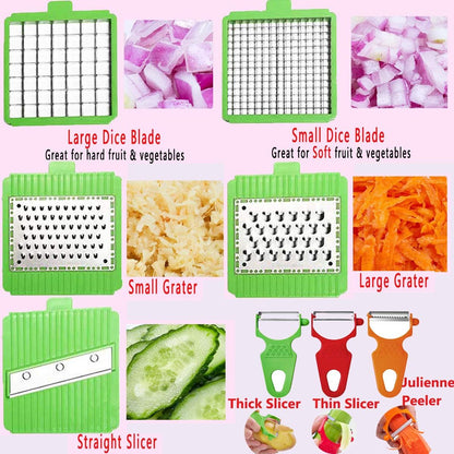 LHS Vegetable Chopper, Pro Onion Slicer Dicer Cutter Shredded- Cheese & Veggie Plus Peeler and Julienne with 8 Blades (Green)