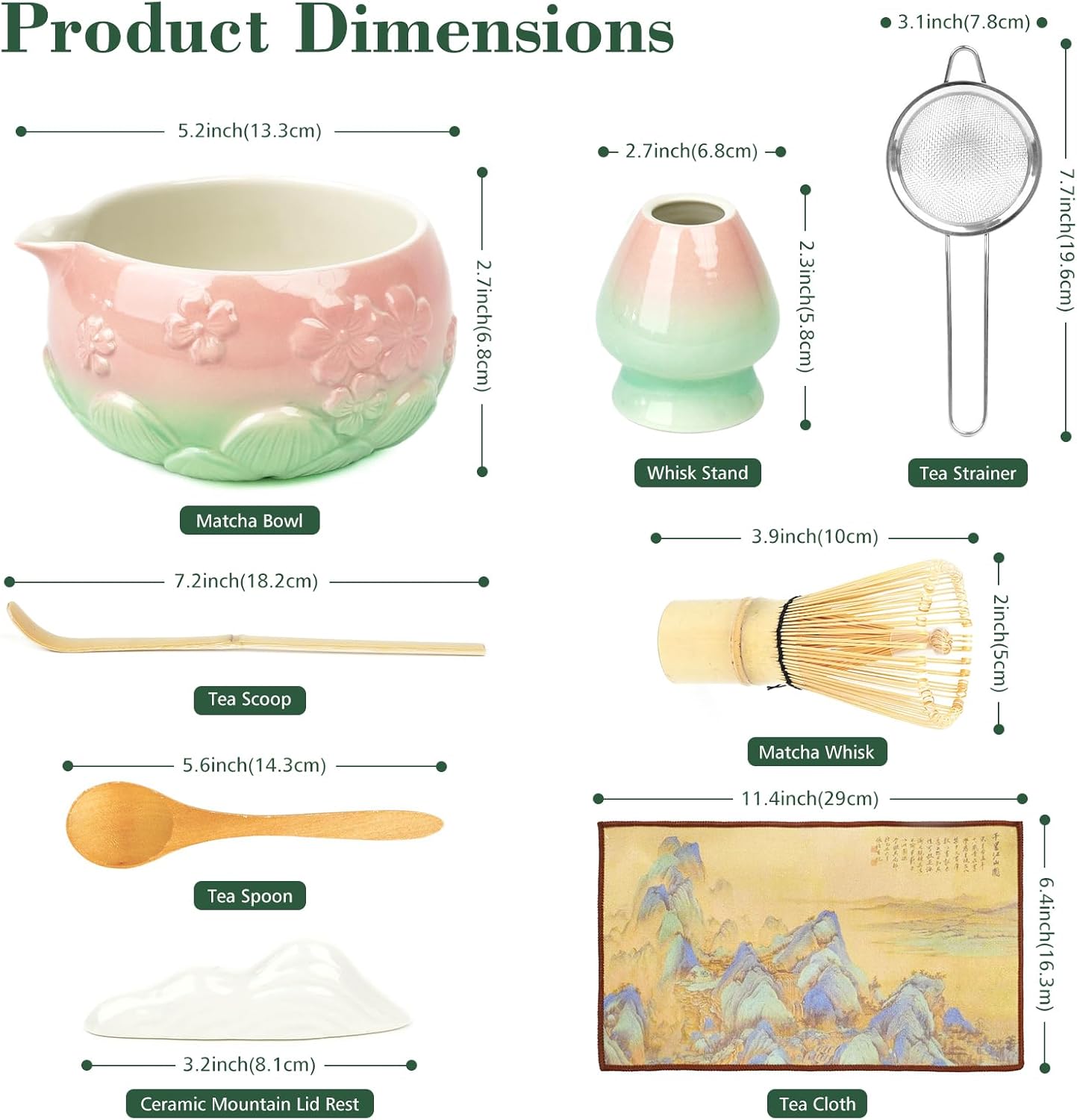 Mint Pink Matcha Whisk & Bowl Set, 8-Piece Complete Matcha Making Kit, Ceremonial Grade Starter Set with Elegant Floral Gift Packaging