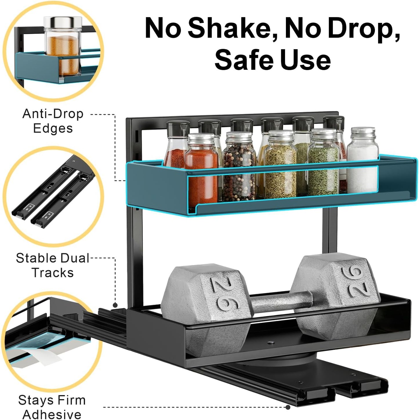 iSPECLE Pull Out Spice Rack - 2 Pack Rotate Peel and Stick No-Drill Vertical Spice Rack Organizer for Cabinet Easy Access Spices, Adjust Height for 4oz to 8oz Spice Jars Inside Kitchen Pantry Cabinet