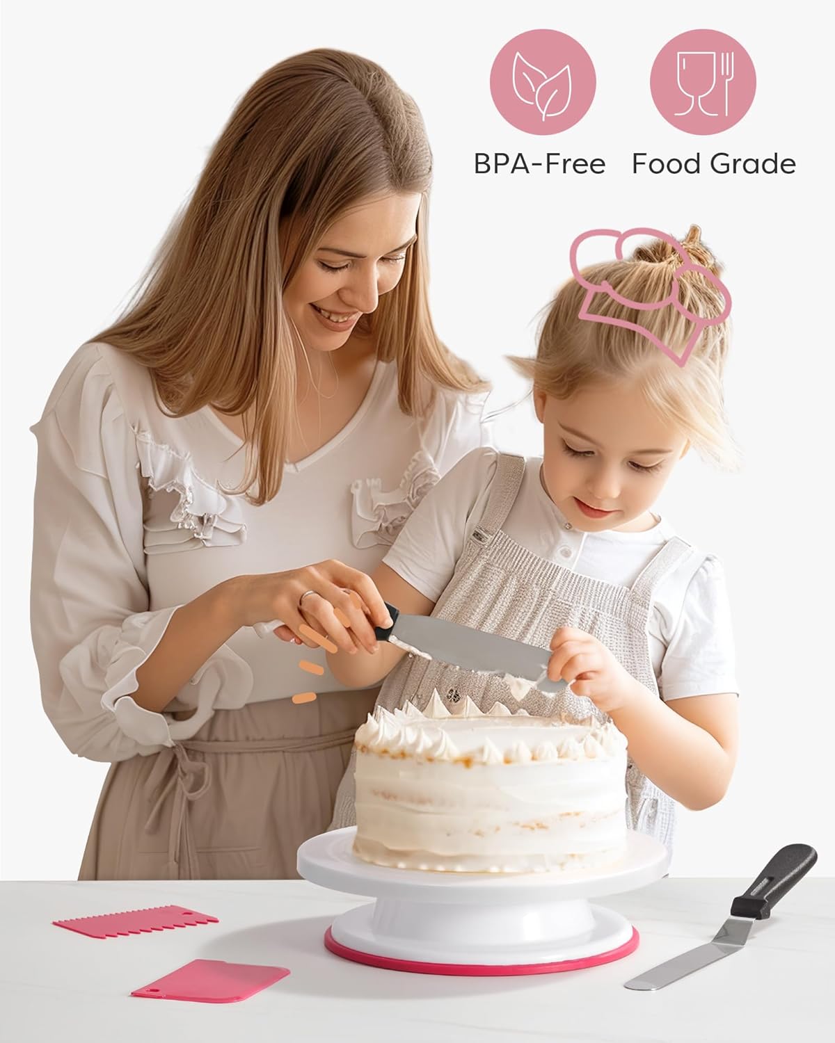 Kootek Cake Decorating Kit Baking Supplies Set Cake Turntable with 2 Frosting Straight Angled Spatula 3 Icing Smoother Scrapers Baking Accessories Tools for Beginners and Pros, Mother's Day, White