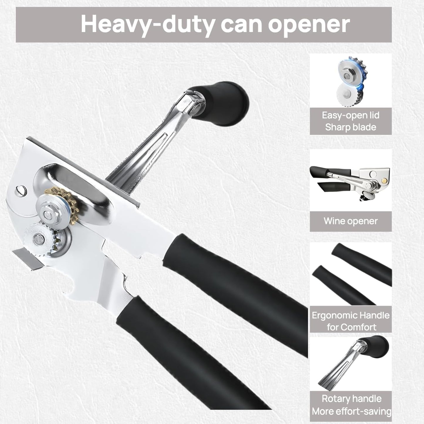Commercial Crank Can Openers Manual, Heavy-Duty Can Opener—Ergonomic Design, Black
