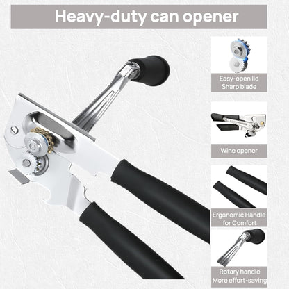 Commercial Crank Can Openers Manual, Heavy-Duty Can Opener—Ergonomic Design, Black