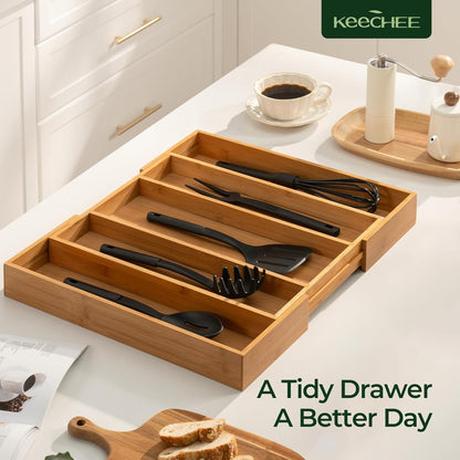 keechee Carbonized Bamboo Kitchen Drawer Organizer, 10 Slots Expandable Silverware Organizer, Utensil Holder & Cutlery Tray, 2.2" Deep for Extra Capacity, Non-Slip Feet Included