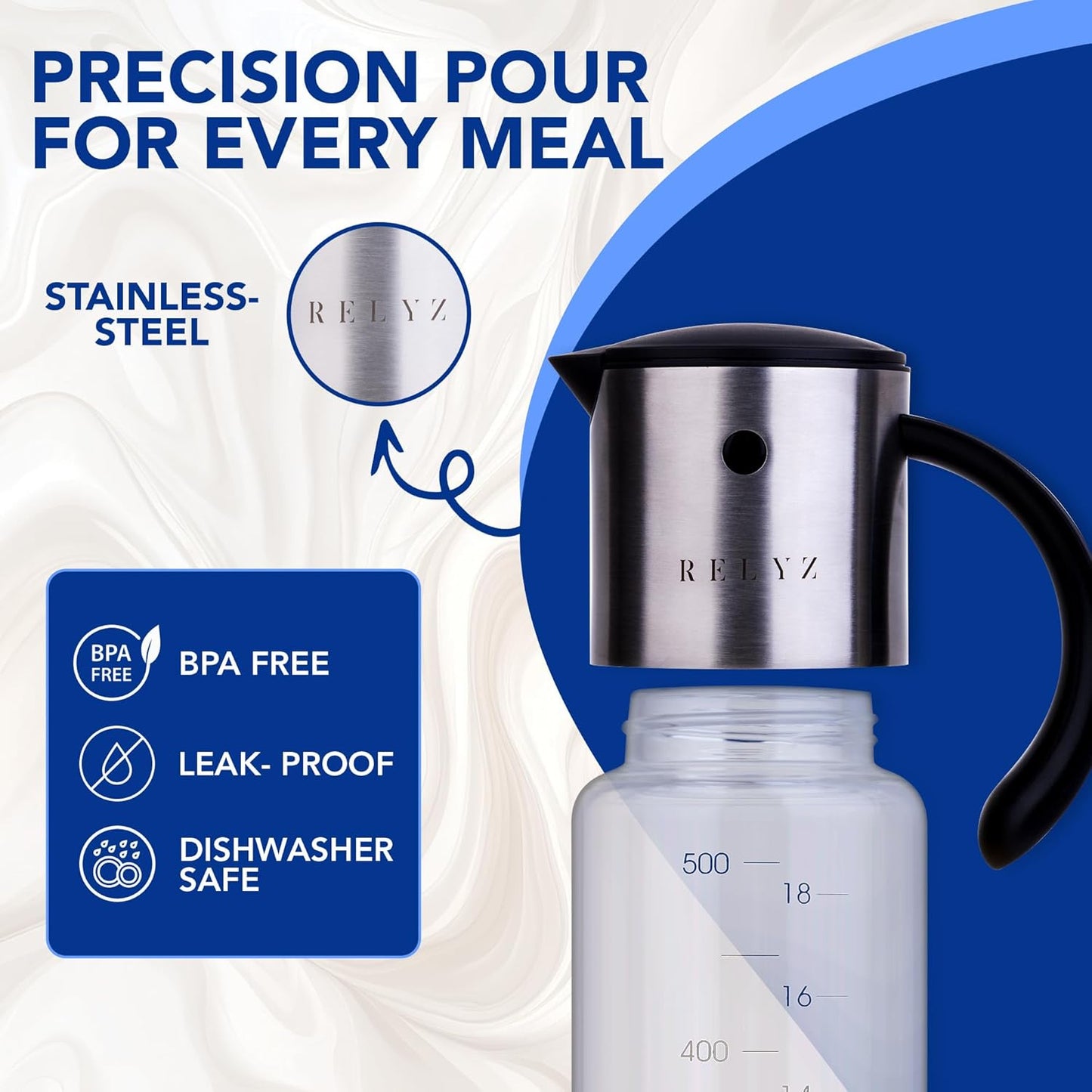 Large Olive Oil Dispenser Bottle, 17oz Glass Oil Dispenser for Kitchen with Drip-Free Stainless Steel Spout, Leak-Proof, with Measurement Markings for Cooking, Vinegar, & Soy Sauce - Dishwasher Safe