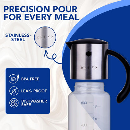 Large Olive Oil Dispenser Bottle, 17oz Glass Oil Dispenser for Kitchen with Drip-Free Stainless Steel Spout, Leak-Proof, with Measurement Markings for Cooking, Vinegar, & Soy Sauce - Dishwasher Safe