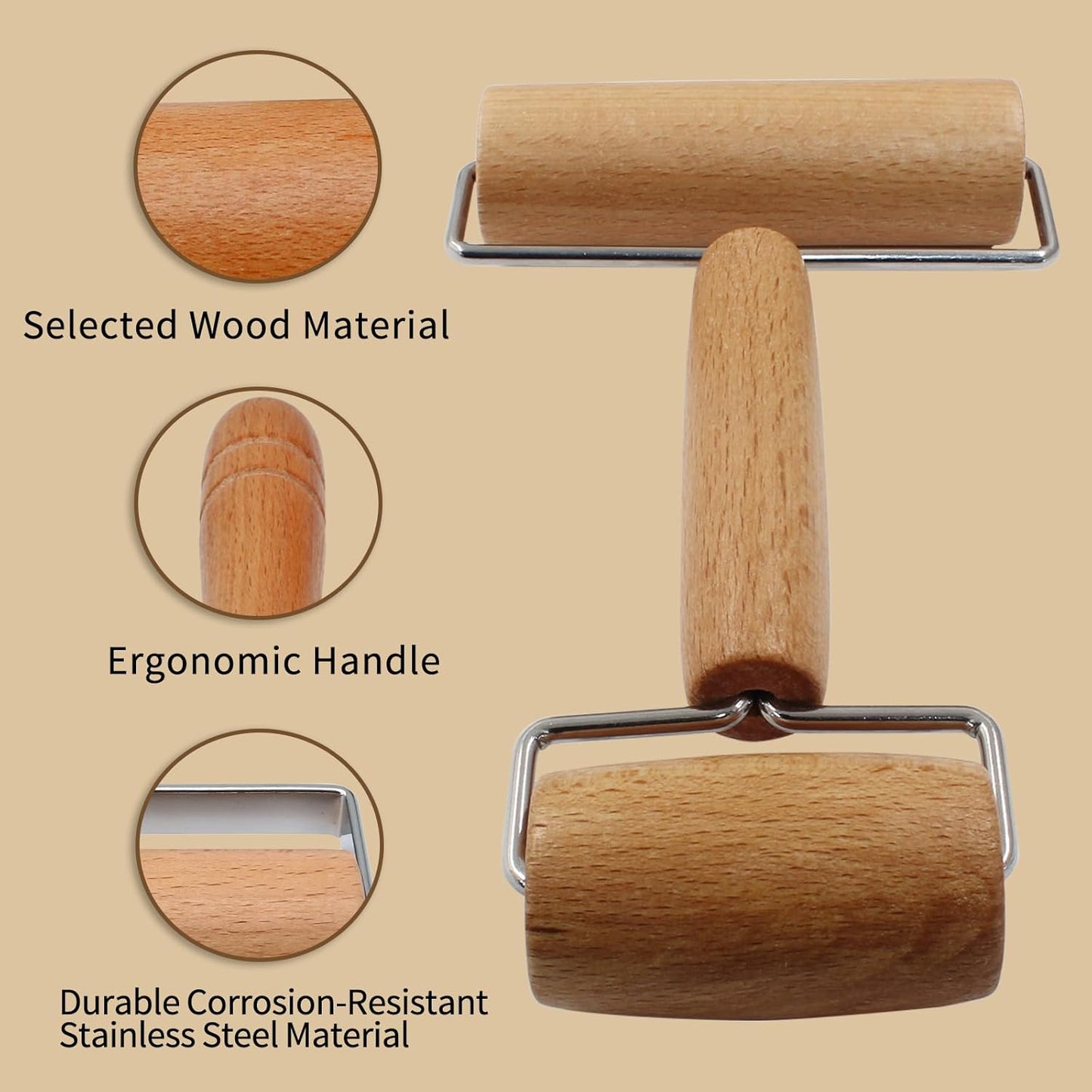 Wooden Rolling Pin, Ergonomic Non-Stick Pizza Baker Dough Pastry Roller for Kitchen Home Cooking Baking (T Square Type)