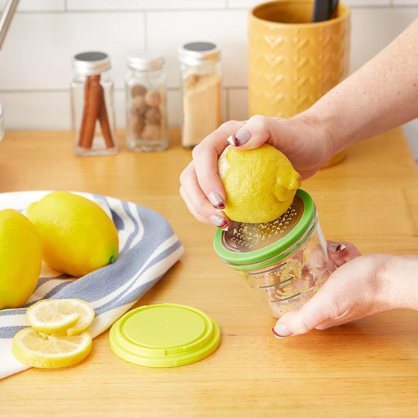 RSVP International Kitchen Collection Multi-Function Zester/Grater, Airtight and Leak Proof Container, Dishwasher Safe, 6 oz Capacity, Yellow