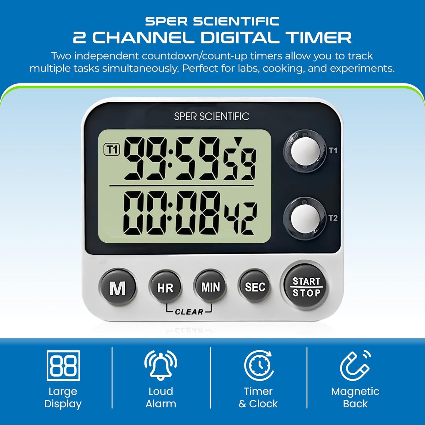 Sper Scientific 24-Hour Digital Lab + Kitchen Timer with LED Light 810001 - Precision Countdown Timer with Large Display, Loud Alarm & Clock Mode - for Cooking, Lab Experiments & More