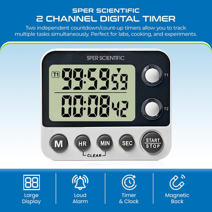 Sper Scientific 24-Hour Digital Lab + Kitchen Timer with LED Light 810001 - Precision Countdown Timer with Large Display, Loud Alarm & Clock Mode - for Cooking, Lab Experiments & More