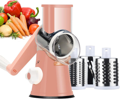 Ourokhome Rotary Cheese Grater Hand Crank, Kitchen Shredder Speed Mandolin Slicer Nut Grinder with Handle and Drum Blades for Cheese, Vegetable, Walnut, Chocolate, Potato, Carrot, 3 Blades, Dark Blue