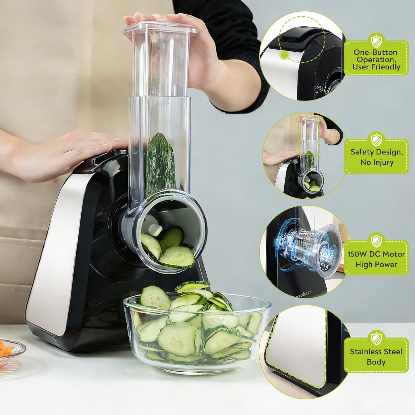 Mokero 5 in 1 Electric Cheese Grater for Block Cheese, Kitchen Automatic Cheese Shredder & Salad Shooter, Easy to Clean Vegetable Chopper for Cheese,Cucumber, Potato, Carrots, Nut