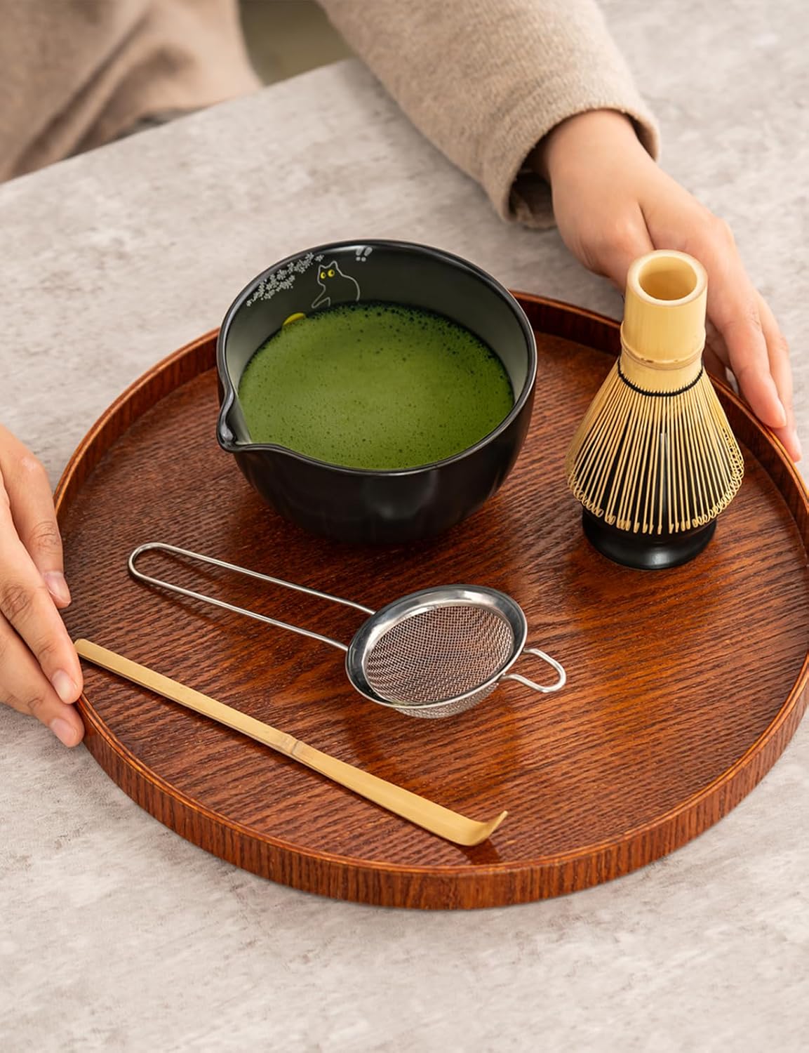 TANG PIN Matcha Set - Match Bowl and Whisk, 15 OZ, Matcha Scoop | Matcha Whisk Stand (Chasen Holder) - 4pc Perfect Matcha Kit for Matcha Tea Ceremony (Mottled Green)