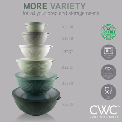 COOK WITH COLOR Mixing Bowls with Lids - 12 Piece Plastic Nesting Bowls Set includes 6 Prep Bowls and 6 Lids, Microwave Safe Mixing Bowl Set, Sage Embossed - Colors A