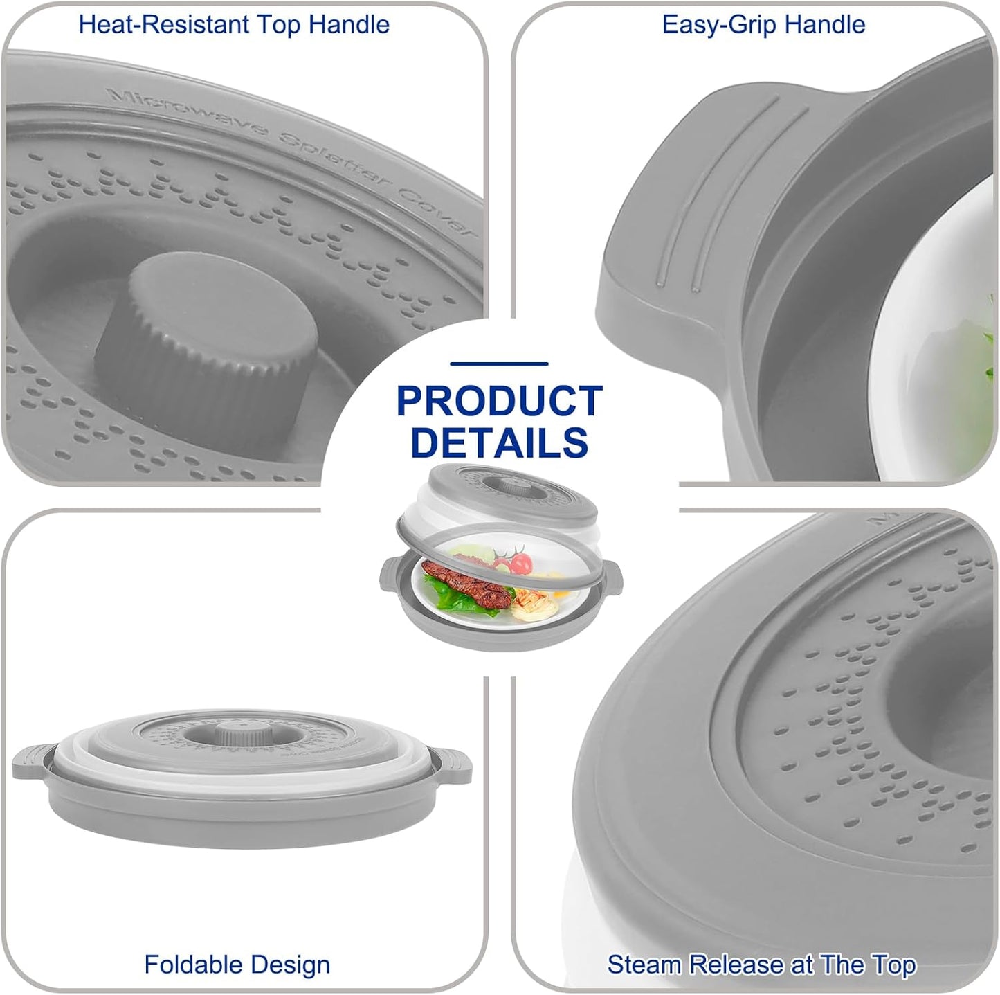 10.7 Inch Microwave Food Cover with Heat Insulation Mat, Anti-Scald Collapsible Microwave Splatter Cover, Multi-Functional as Colander & Fruit Plate, Dishwasher Safe, Ideal for Meal Prep (Gray)
