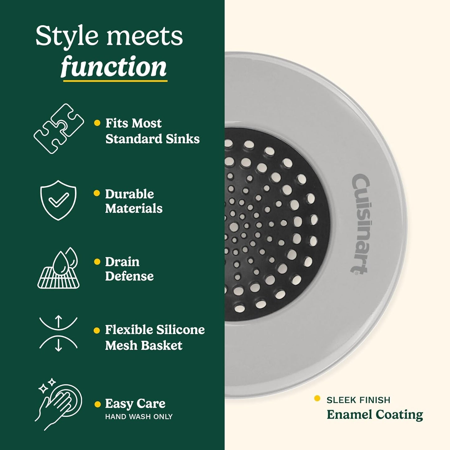 Cuisinart Sink Strainers- 2 Pack Kitchen Sink Drain Strainer & Food Catcher with Enamel-Coated Stainless Steel Rim and Silicone Base, Fits Standard 3.5" Drains, Outer Diameter 4.35", Scratch-Safe
