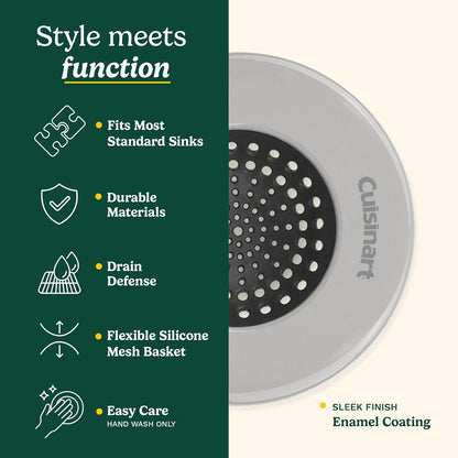 Cuisinart Sink Strainers- 2 Pack Kitchen Sink Drain Strainer & Food Catcher with Enamel-Coated Stainless Steel Rim and Silicone Base, Fits Standard 3.5" Drains, Outer Diameter 4.35", Scratch-Safe
