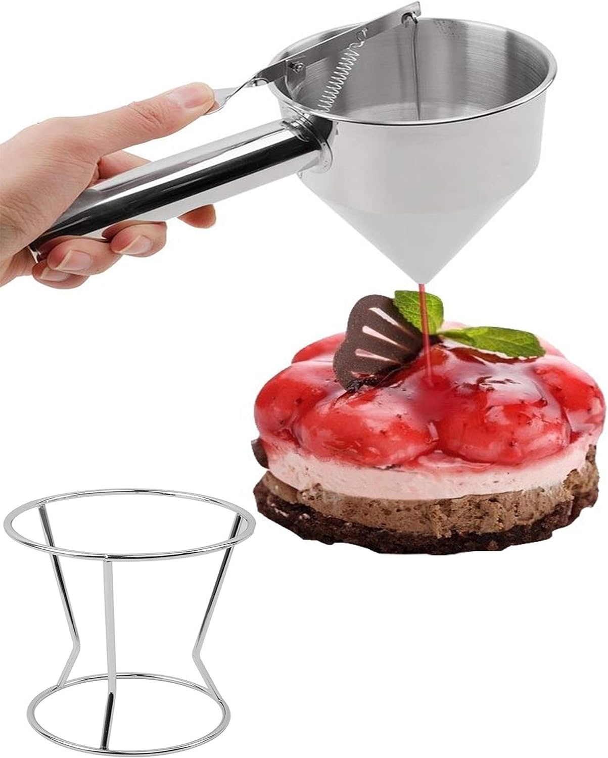 Confectionery Funnel Pancake Batter Dispenser with Stand Rack - 1000 ML Stainless Steel Cupcake Funnel - Pancake Maker Home Kitchen - 4 Cup DIY Baking Tool - (10” x 10.5” x 5.5”)
