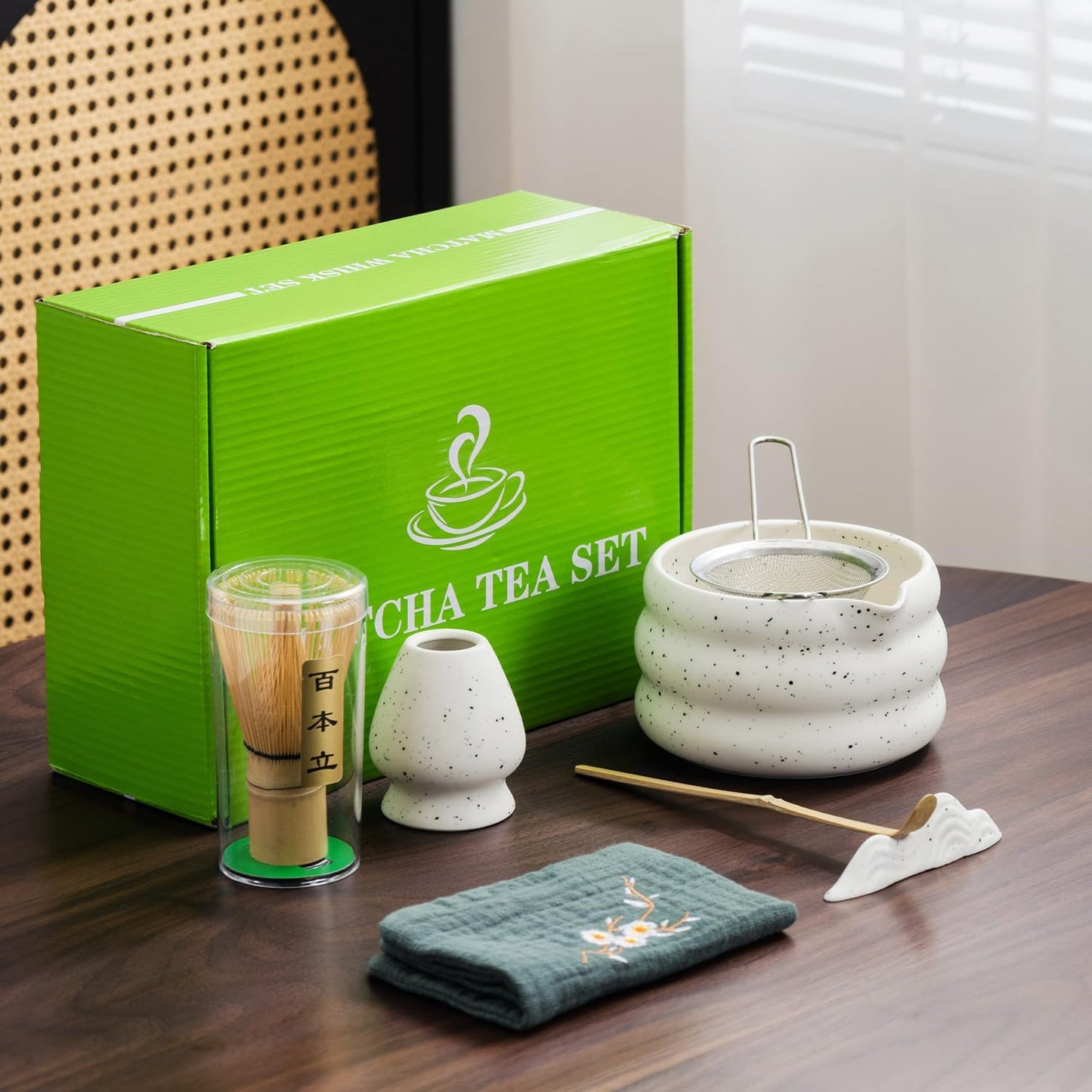 7Pcs Japanese Matcha Tea Set, Matcha Kit with Matcha Bowl (with Pouring Spout), Matcha Whisk, Whisk Holder, Strainer - Elegant Matcha Set for Gifting and Personal Use, Gift Box Packaging
