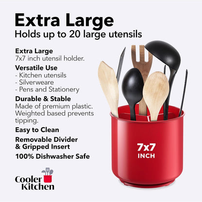 Cooler Kitchen Jumbo Extra Large Sturdy Rotating Black Utensil Holder Caddy with No-Tip Weighted Base, and Gripped Insert - Rust Proof and Dishwasher Safe Kitchen Utensils Holder