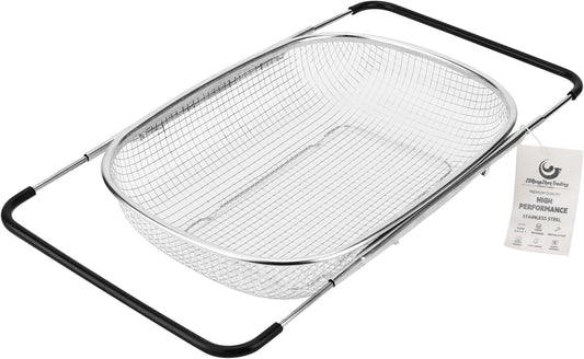 ZDRongZhen Kitchen Accessories Over the Sink Colander Strainer Basket，Stainless Steel Colander with Expandable Rubber Grip Sink Drainer-Rinse Vegetables Fruits &Strain&Drain (Medium-grid)