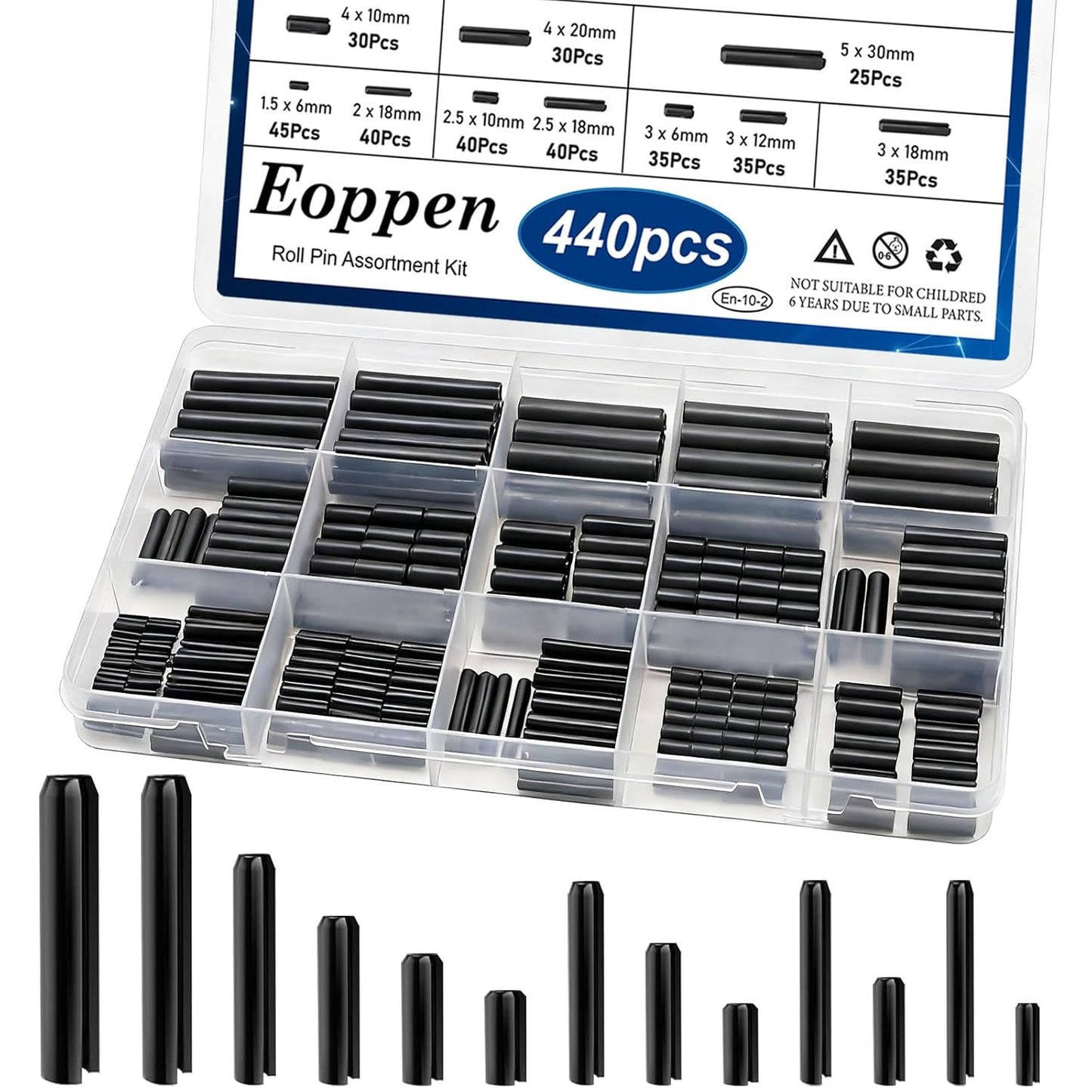 230Pcs SAE Roll Pin Assortment Set - Slotted Spring Pins Steel Split Expansion Pin 10 Sizes 1/16 5/64 3/32 1/8 5/32 3/16 7/32 1/4 5/16 3/8 Inch for Home Improvement Automotive Repair