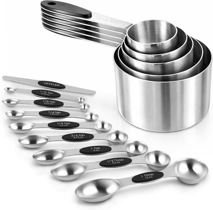 Magnetic Measuring Cups and Spoons Set, Strong N45 Magnets, 304 Stainless Steel, Double-Sided Measuring Spoons, 14-Piece Set with Leveler for Baking & Cooking