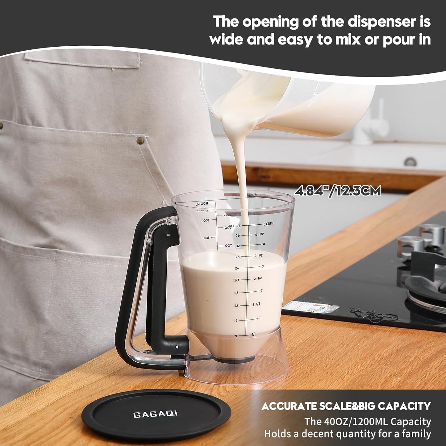 Pancake Batter Dispenser 5 Cup with Sturdy Handle,Batter Separator for Pancakes, Cupcake, Waffle, Muffin Mix, Cake & Crepe Batter pitcher with Squeeze Handle Baking Tools-Black