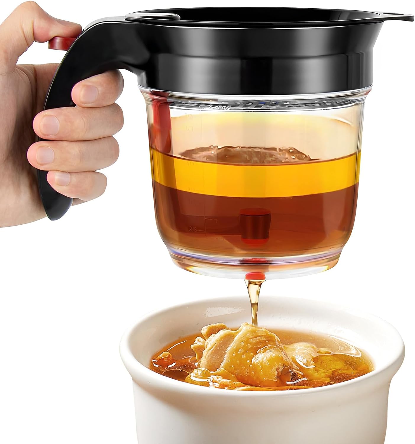 Fat Separator with Bottom Release and Oil Strainer Gravy Separator 4 Cups or 1000ml Fat Strainer Measuring Cup Plastic Soup Oil Separator Fat Skimmer for Gravy Sauces and Other Liquids Black