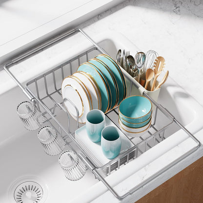 Dish Drying Rack in Sink - Expandable Stainless Steel Dish Rack Over the Sink, Kitchen Sink Drain Strainer with Cutlery Holder & Cup Holders, 15.4 x 9.8 x 3.0 Inch, Silver