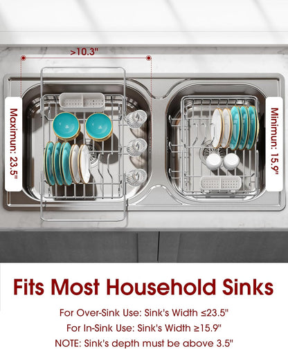 Dish Drying Rack in Sink - Expandable Stainless Steel Dish Rack Over the Sink, Kitchen Sink Drain Strainer with Cutlery Holder & Cup Holders, 15.4 x 9.8 x 3.0 Inch, Silver