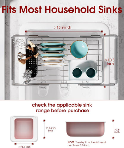 Dish Drying Rack in Sink - Expandable Stainless Steel Dish Rack Over the Sink, Kitchen Sink Drain Strainer with Cutlery Holder & Cup Holders, 15.4 x 9.8 x 3.0 Inch, Silver