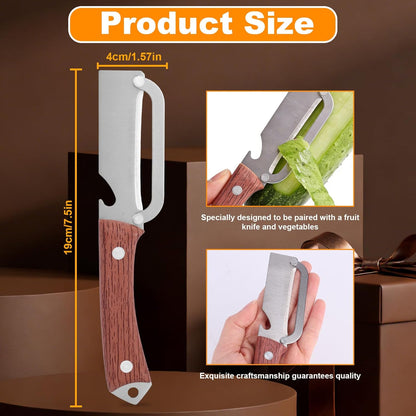 Multi-Functional Vegetable Peeler with Wooden Handle, Stainless Steel Thick & Thin Skin Fruit Peeler with Bottle Opener, Not for Left-Handed Users, Practical Kitchen Tool for Apple Potato