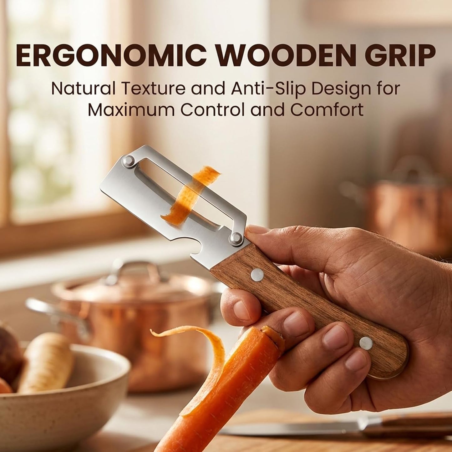 Sakerplus Multifunctional Vegetable Peeler, 2-in-1 Potato Peeler with Wooden Handle, 420 Stainless Steel Swivel Blade and Built-In Bottle Opener for Apples, Carrots and More (2)