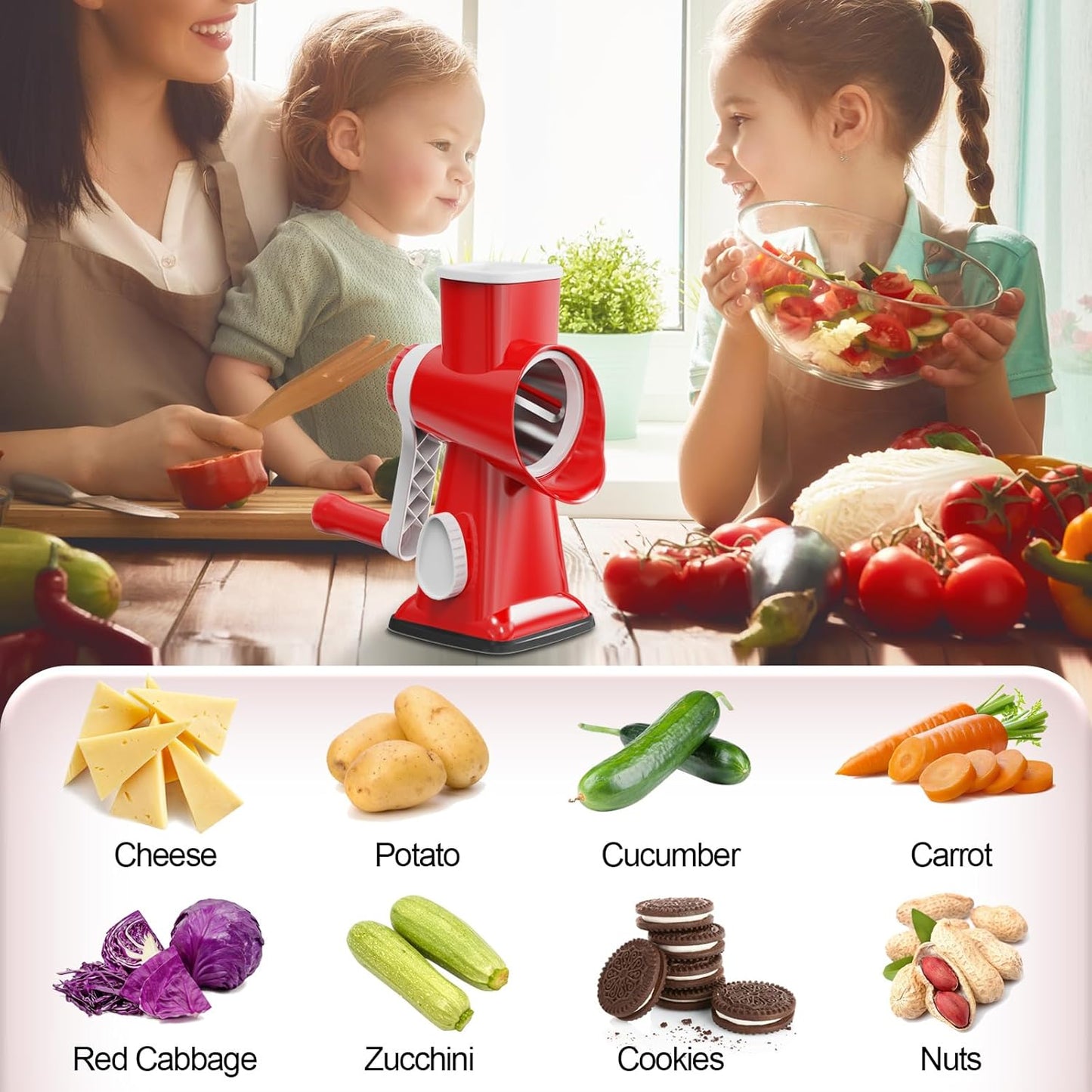 Cheese Grater Cheese Shredder with 3 Interchangeable Blades, Rotary Cheese Grater Manual Vegetable Slicer with Non-slip Suction Base Peanut Nuts Grinder Vegetable Shredder Clear