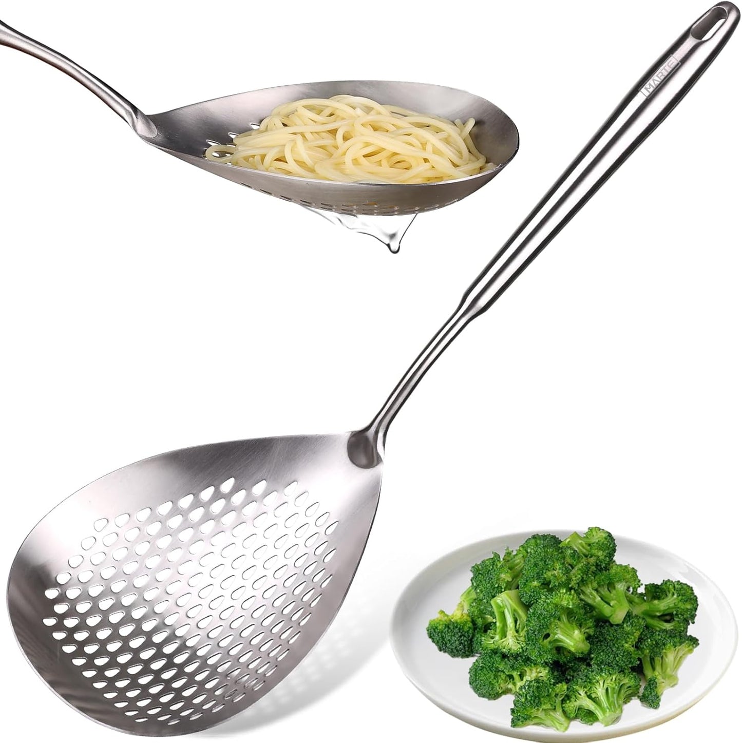 MARTE Skimmer Slotted Spoon Set of 4 - Kitchen Pasta Strainer Spoon - Spider Strainer Skimmer Ladle Spoon with Holder for Cooking and Frying Food, Spaghetti, Vegetable, Dumpling - 14.8In,16.5In,17In